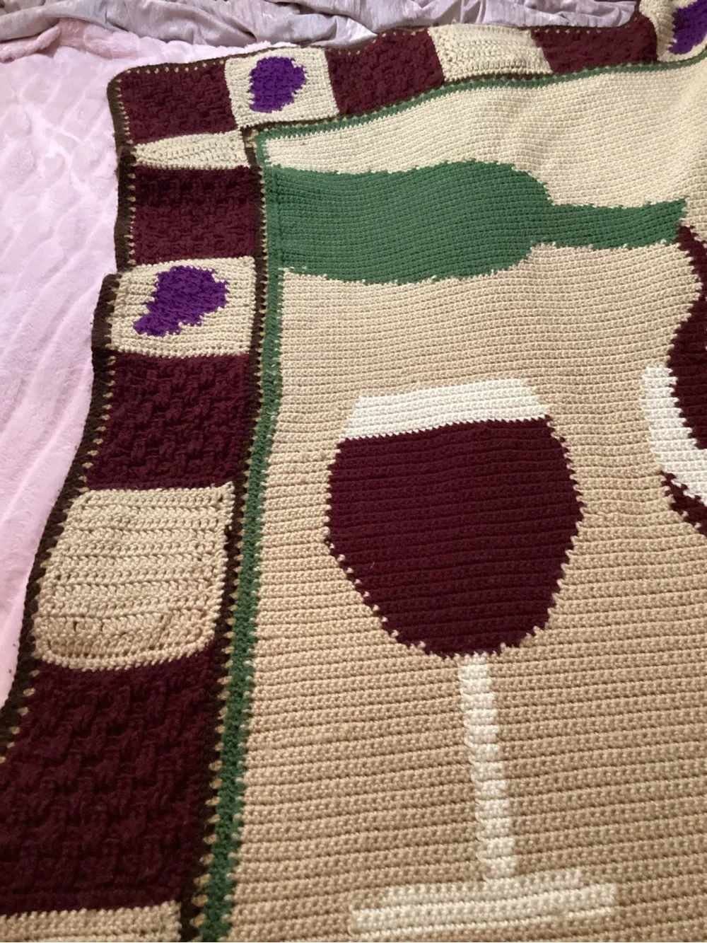 Crocheted Wine-Themed Throw Blanket in Burgundy, Cream & Green